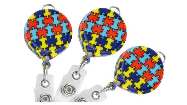 Puzzle Autism Awareness Round Badge Reel with Lanyard Loop - Pack of 25